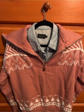 Boutique 9 Dusty Rose and White Fair Isle Half-Zip Sweater